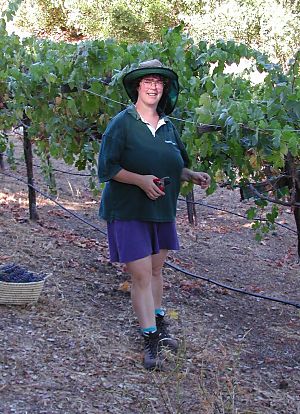 woman next to a row of grapes with garden shears