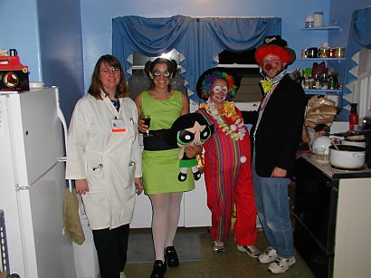 halloween costumes, lab worker, powder puff girl, two clowns
