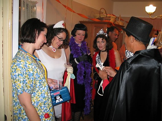 halloween costumes: nurse, old socialite, miss demeanor, and magician doing a rope trick