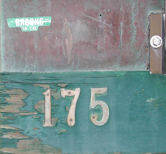 Art work. Weathered wood, red top, green-blue bottom,  175 Brooks Street, Laguna Beach