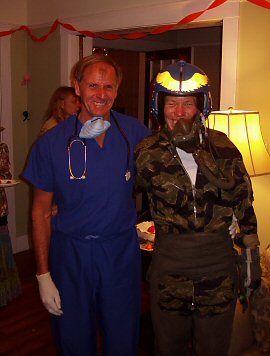 costumes: doctor in blue scrubs and woman in flight suit\