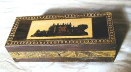 Marquetry box with a house on the lid